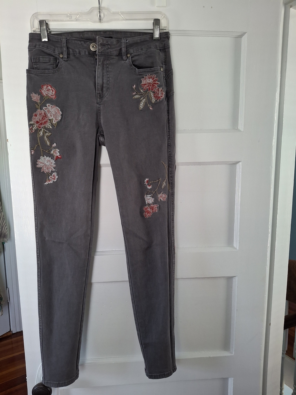Coco + Carmen Grey Skinny Jeans with Pink Floral Embroidery